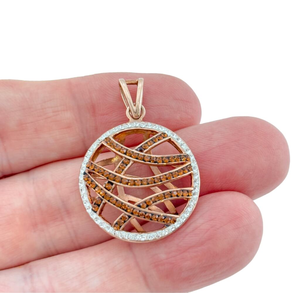 Vintage Sterling Silver 925 Rose Gold Tone Crystal Open-Work Disc Pendant